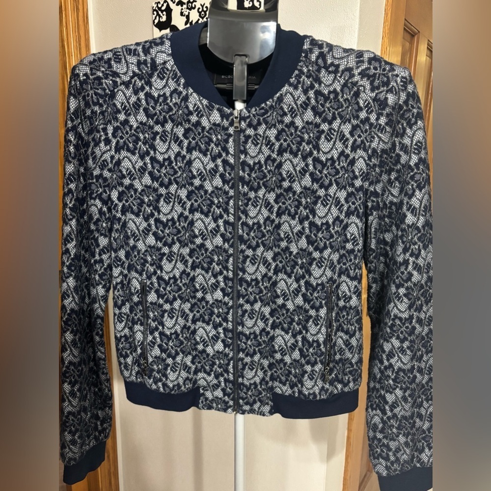 BCBGMaxAzria Blue and Gray Lace Textured Floral Bomber Jacket - Picture 3 of 8